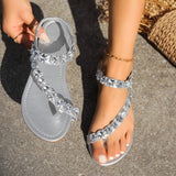 Size 2025 New Summer Flat-Bottomed Round Head With Crystal Sandals And Sandals Outside Wearing Beach Women's