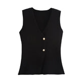 Women's 2025 Summer New V-Neck Gold Button Knitted Vest + Folding Skirt