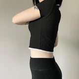 Desire Atmosphere Wearing Lace Button Splicing Color Navel Slimming Striped Short-Sleeved T-Shirt 2023 New