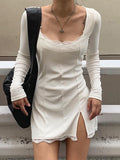 Autumn Spring Women Sexy Lace Patchwork Long Sleeve Split Dress Hip Package Mini Vestido Party Club Low Chest Outfits