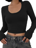 Women Spring Fall Long Sleeve Tees Tops Low Cut O-neck Slim Fit Causal Pullovers Female Streetwear Base T-Shirts