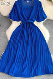 Vintage Pleated Midi Dress Women Green/Red/Blue Square Collar Puff Short Sleeve High Waist Draped Vestidos Female