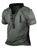 Summer Casual Short Sleeve T-shirt Men Vintage Button O-Neck Loose Pullover Tops Fashion Pattern Printed Tee Men