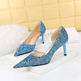 Zingj Sexy Nightclub Show Thin Department With High Heel Shallow Pointed Side Hollow Shining Sequined Single