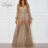 2022 Summer Women Long Party Dress Long Sleeve Sexy Mesh Tulle Gold Sequin Maxi