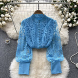 Zingj Retro Style Advanced Bubble Sleeve Shirt Autumn Net Embroidery Design Light Extravagant Socialite Temperament