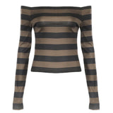 Zingj Big Round Collar Off-The-Shoulder T-Shirt 2024 New Hot Girls Show Thin Striped Top