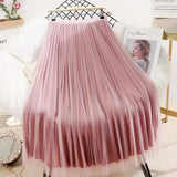 Both Sides Wear Pearls Mesh Skirt Women 2025 Summer Velvet High Waist Long Skirts Woman Solid Color A Line Pleated Skirts 211-0-Outfit