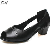 Genuine Leather Comfortable Ladies Mid Heel Sandals Women Shoes Hollow Peep Toe Square Heel Sandals Woman