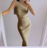 Zingj Slanting Shoulder Solid Color Knitted Dress Ins Xia Xian Slim Body Including Hip Middle Skirt Sleeveless