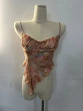 Sweet Hot Ruffles Mesh Camisole Top Lady Camis Sleeveless Printed Floral T shirts High Stretch Slim Tanks For Slim