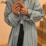 Women Harajuku BF Style Striped College Popular Teens Stylish Chic High Street Tops Рубашка Женская Casual New Design