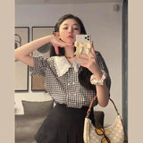 Shirts Women Peter Pan Collar Sweet Loose Lace Button Retro Puff Short Sleeve Blouses Design French Style Summer Mujer