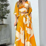Women's V-Neck Lantern Sleeve Long Sleeve Short Top Broad Leg Trousers Fashion Suit Women's