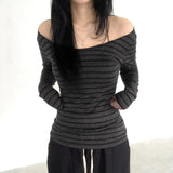 Zingj Big Round Collar Off-The-Shoulder T-Shirt 2024 New Hot Girls Show Thin Striped Top