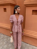 Women's Retro Printed Pants Suit Summer V-neck Lace Up Short Sleeve Shirts Elastic Waist Pant Set Female Fashion High