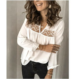 Women Blouses Casual Long Sleeve V Neck Patchwork Lace Shirt Office Lady Elegant Backless Chemise Shirts