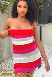 Sexy Women Summer Knit Slim Fit Dresses Contrast Color Striped Print Sleeveless Strapless Bodycon Mini Short