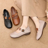 Zingj Round-Headed Single Shoes, Soft Leather, Retro Flowers, Mother's Shoes, Soft Leather, Shallow Mouth, Large Size Cover, Comfortable Grandma