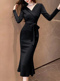 Elegant Chic Black Lace-up Midi Dresses for Women 2023 Autumn New Vintage Sexy Fashion Casual Prom Party Female