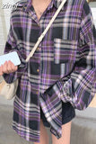 Harajuku Retro Women Oversize Plaid Shirt Spring Korean Turn Down Collar Button Long Blouse Female Long Sleeve