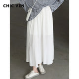 VEN Simple Elastic Waist Pleated Skirts Solid Women's A-line MIDI Long Skirt High Waisted Ladies Office 2022