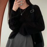 Solid Color V-Neck Oversized Knitted Tee-Outfit