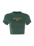 Embroidery Letter Printing Stitch Green 90s Crop Tops O-neck Short Sleeve T-shirts clothes shirt vintage bf clothing