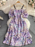 Vintage Slash Neck Off Shoulder Printed Dress Elegant Puff Short Sleeve High Waist A-Line Spaghetti Strap Vestidos
