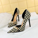Zingj Korean Version With High Heel Shallow Mouth Pointed Head Side Hollow Cloth Plaid Grain Pearl Metal Chain Thousand Bird Case Single