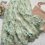 Sweet Floral Pleated Skirt Women Korean Elegant Elastic High Waist Chiffon Midi Skirt Female Harajuku A-Line