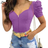 Women Short Puff Sleeve Tops Fashion Summer V Neck Solid Color Zip Up Slim Fit T-Shirts Basic Tops
