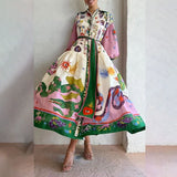 Women's Dress 2025 Casual Personality Print V Tie With Long Sleeve Dress