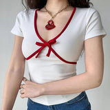 V-Neck Bow Knot Short Sleeve Coquette TeeOutfit