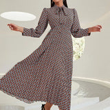 Spring Summer Women Clothing Boho Allover Geometric Print Long Sleeve Stand Collar Bust Tie (Without Belt) Long