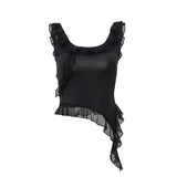 Zingj Women's Sexy Hot Girl Irregular Top Ins Versatile Sleeveless U Collar Wood Edge Condole Belt Vest