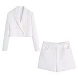 Women Elegant Solid Sets Fashion Double Breasted Cropped Blazer Suits With High Waist Textured Shorts