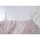 Pink Jacquard Straps Dress French Bow Lacing Sleeveless Casual Fashion Vintage High Waist Sexy Short Skirt Ladies