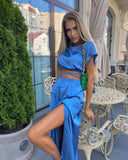 New Short-Sleeved Top Open Skirt Set Solid Color Commute Two