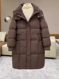 Autumn Winter New Station Hooded Down Jacket Female Long Style Reduce Age Thickening Warm White Duck Down Coat Tide-Outfit
