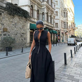 Sleeveless Spliced Zipper V-neck Maxi Dress Fashion High Waist Slim Pleated Long Dresses Summer Office Lady Street