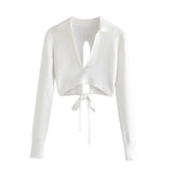Sexy Fashion Back Open Bow Tie V-Neck Cropped Knitted Blouses Female Long Sleeve Short Shirts Girls Chic