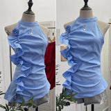 Design Sleeveless Leaves Three-Dimensional Flower Blouse Atmosphere Slimming Waist