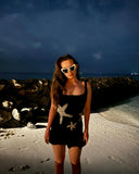 Shiny Stars Sequin Applique Mini Dress Women Sexy Sleeveless Stringy Selvedge Slim Robe Lady 2024 Holiday Party
