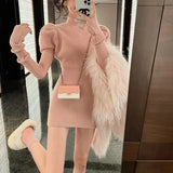 Sleeve Dress Women Solid Knitting Stretchy Skinny Cozy Sweet College Half High Collar Vacation Female Vestidos Sexy