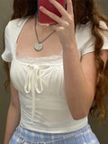 White Knitted Lac Patched Female T-shirts Y2K Korean Style Slim Tie Up Shirring Summer Top Tee Folds