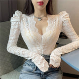 V-Neck Lace Basic Shirts Women Korean Blouse Female Casual Long Sleeve Slim Elegant Sexy Tops Lady 2021 Spring