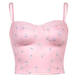 Floral Print Sleeveless Spaghetti Strap Top Summer Sexy Lace Backless Crop Tops Tees Women 90s Milkmaid Cami