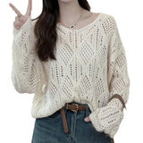 Zingj Lazy Wind Hollow Out V-Neck Sweater Female Spring And Summer 2024 New Fashion Versatile Show Thin Long-Sleeved