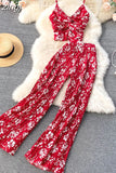 Women Sexy Printed Two Piece Set Beach Female Strap Camis Tops + Draped Wide Leg Pants Black/Red/Blue/Yellow Suits